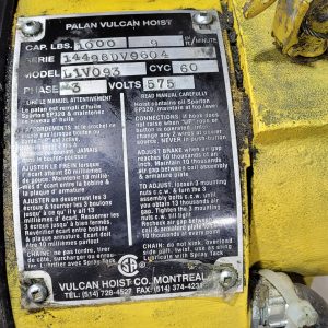 Laliberté Produits Industriels Palan 1/2 tonne usagé Vulcan 600 volts